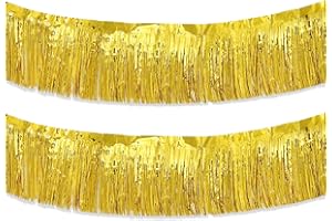 ACUTEYE Gold Foil Fringe Garland 10FT 2packs, Metallic Foil Tinsel Fringe Banners for Parade Float Decorations Wedding, Birthday Party Graduation (Two Gold)
