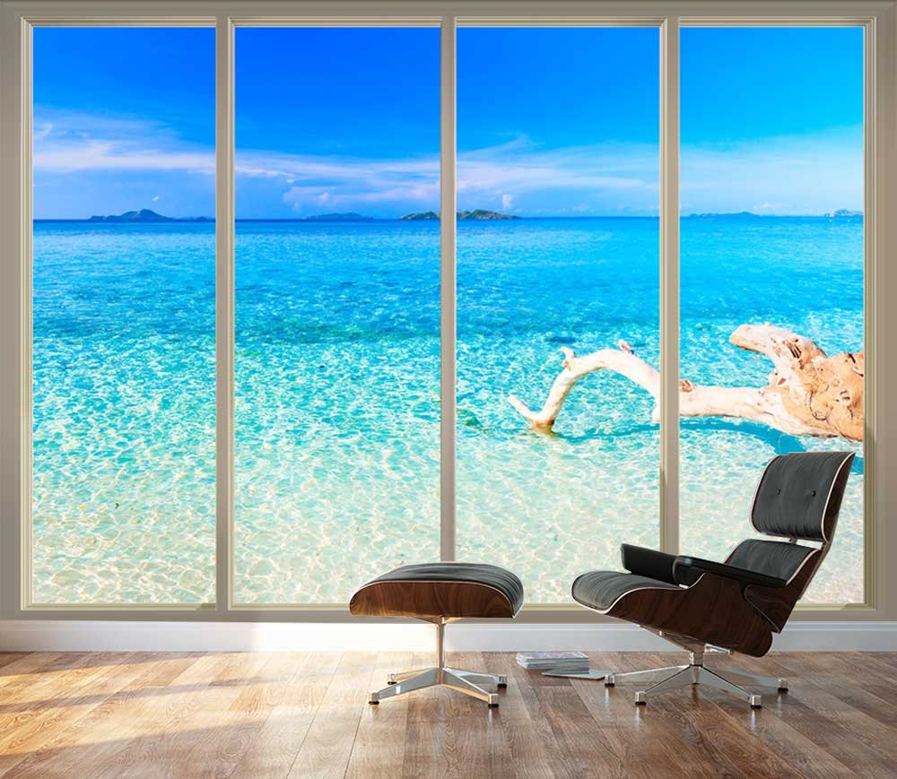 Wall26 - Wall Mural - Tropical Beach Seen Through Sliding Glass