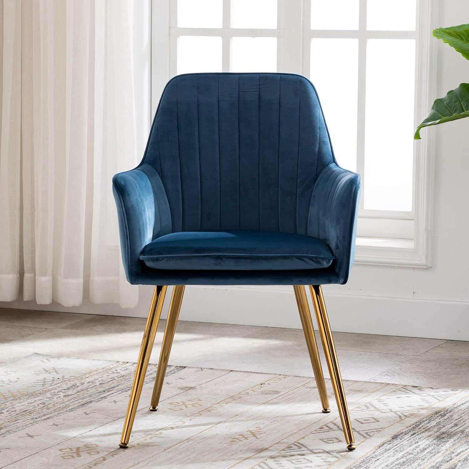 Artechworks Velvet Modern Living Dining Room Arm Chair for Home Office Club Leisure Guest Lounge Bedroom Upholstered with Gold Metal Legs, Blue