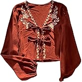 GORGLITTER Women's Floral Embroidered Tie Front Crop Top Boho Linen V Neck Lantern Sleeve Blouse Country Concert Outfits