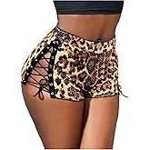 WDIRARA Women's Leopard Sequin Mini Shorts Lace Up Side Skinny Shorts Rave Clubwear
