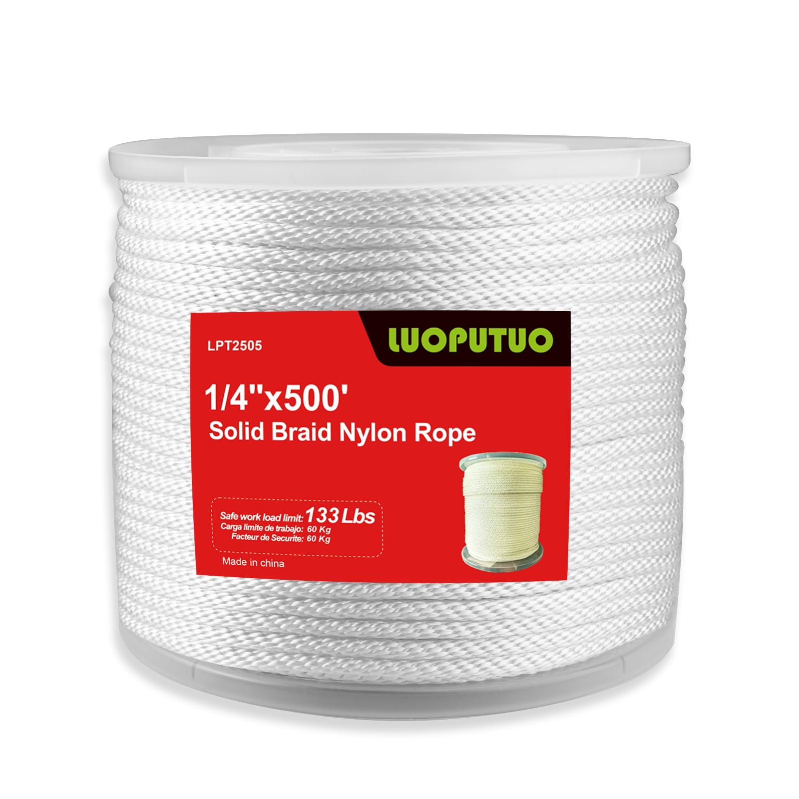 Photo 1 of 1/4 Inch 500ft White Nylon Solid Braid Rope | High UV & Abrasion Resistance | Industrial Grade, Low Stretch | Multipurpose for Flag Poles, Clotheslines
