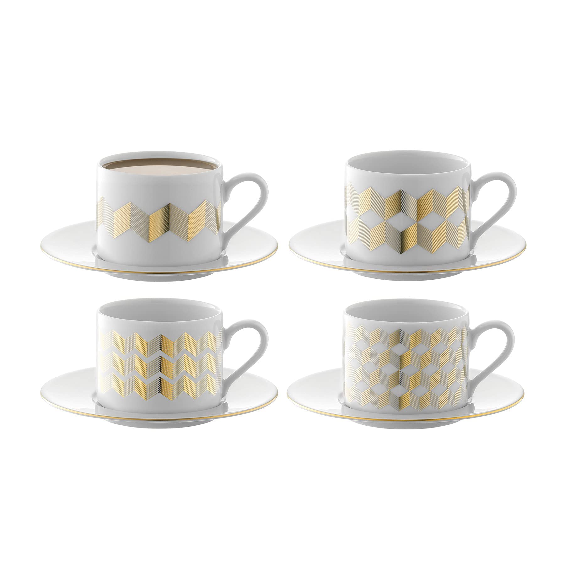 LSA International Chevron Teacup & Saucer 0.25L Gold Assorted | Set of 4 | Mouthblown & Handmade Glass | CH12