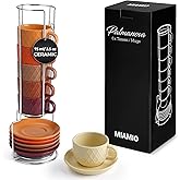 MIAMIO - 6 x 2.5 oz Stoneware Espresso Mug, Cup Set Modern with Stand and Saucers - Palmanova Collection (Magma Red)