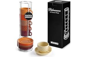 MIAMIO - 6 x 75 ml Stoneware Espresso Mug, Cup Set Modern with Stand and Saucers - Palmanova Collection (Magma Red)