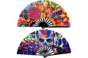 A ALFEEL 2 Pack Large Folding Rave Fan for Women/Men Holographic Festival Bamboo Clack Hand Fan Decorative Accessories for EDM, Music Festival, Event, Party, Dance, Performance,Halloween (Style-2)