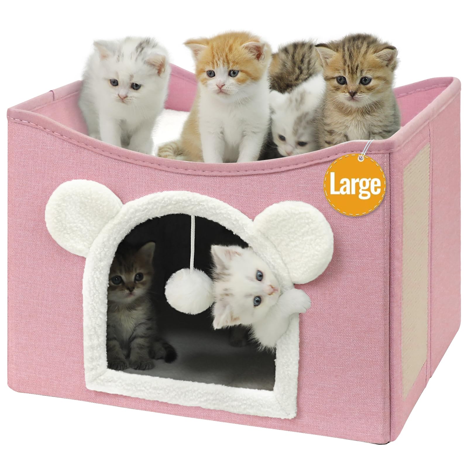 Photo 1 of Persure Cat House Cat Beds for Indoor Cats Large Foldable Multifunction Cat Cave for Pet with Hover Ball and Scratching Board(Pink, Large Cat House)