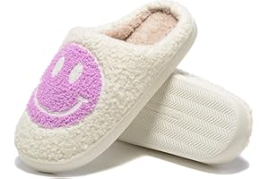 KOLEGE Retro Fuzzy Face Slippers for Women Men, Retro Soft Fluffy Warm Home Non-Slip Couple Style Casual Smile Face Slippers Indoor Outdoor Anti-Skid Warm Cozy Foam Slide Fuzzy Slides with Soft Memory Foam Shoes