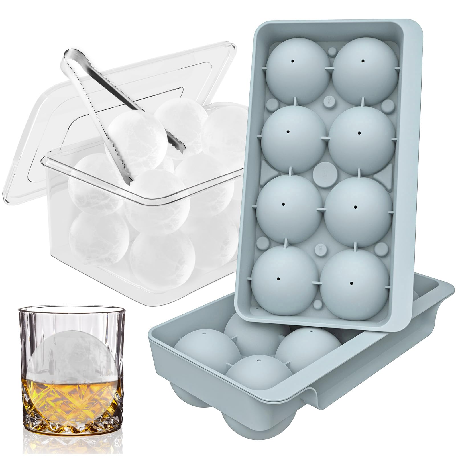 Photo 1 of WIBIMEN Large Ice Cube Molds, Big Round Whiskey Ice Cube Trays for Freezer, Easy to Fill & Release, Whiskey Bourbon Cocktail(2.5In*8 Balls- Blue/2 Pack)