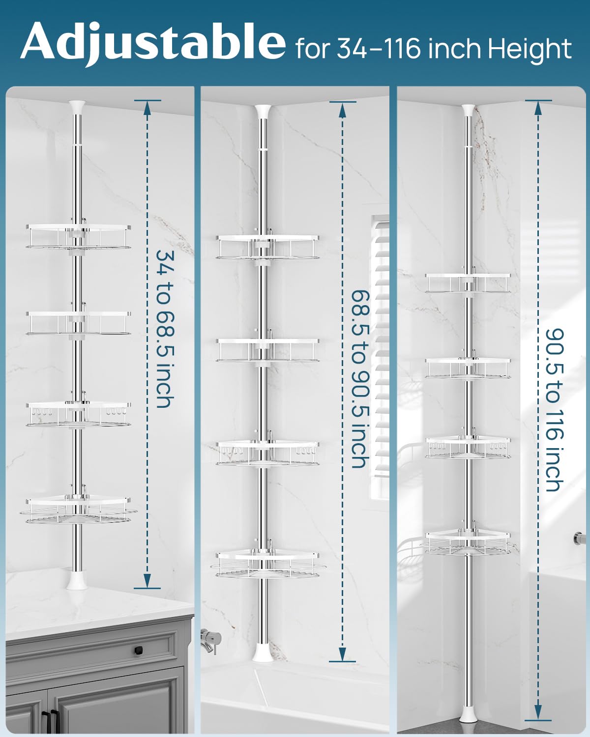 SEIRIONE Organizador de esquina de ducha inoxidable para baño, 4 estantes ajustables con poste de tensión, para bañera, champú, accesorios de almacenamiento, 34 a 116 pulgadas de altura
