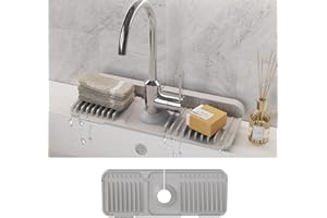 WAFT YEARN 14X5 Inch Silicone Faucet Mat with Button Splash Guard Water Catcher Mat Durable Kitchen Sink Protector Splash Guard for Sink Easy Drainage in Kitchen Bathroom Laundry Room Bar & RV-Grey
