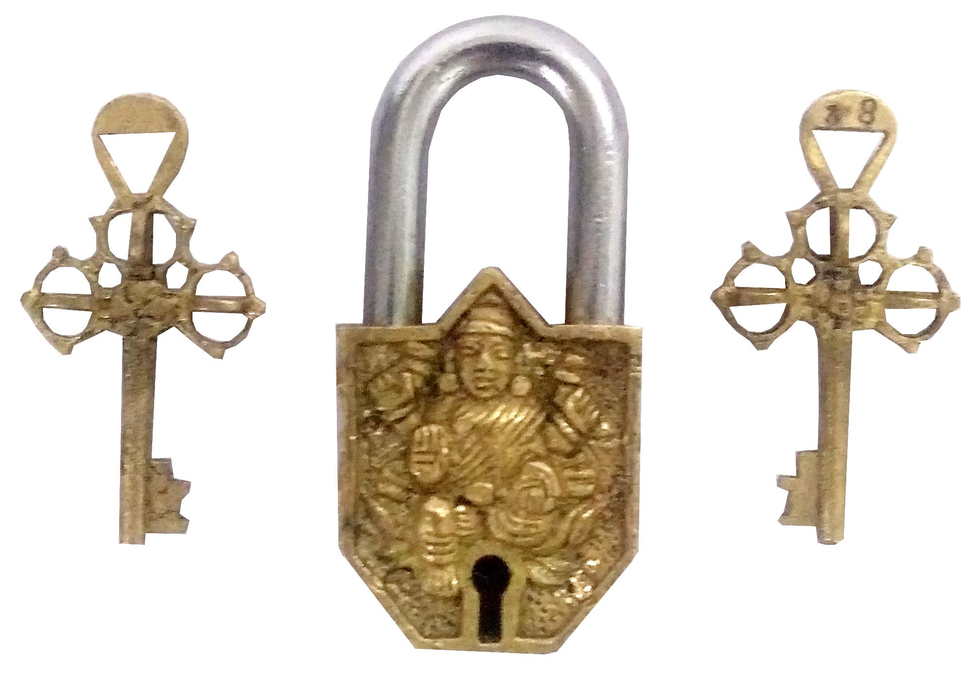 Purpledip Brass Padlock Goddess Laxmi: Vintage Design Small Lock (11977)
