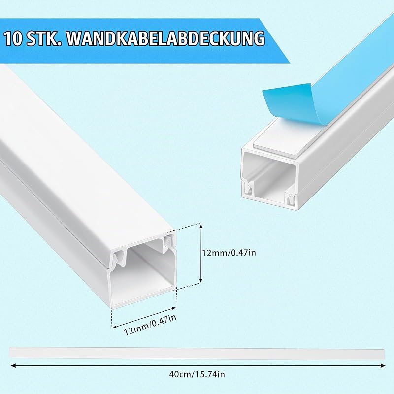 Kabelkanal Weiß Selbstklebend(0,4m*12mm*12mm), 10 Stück Kabelkanal mit Schaumstoffband bereit, Montage an der Wand für Kabelmanagement Kabelführung