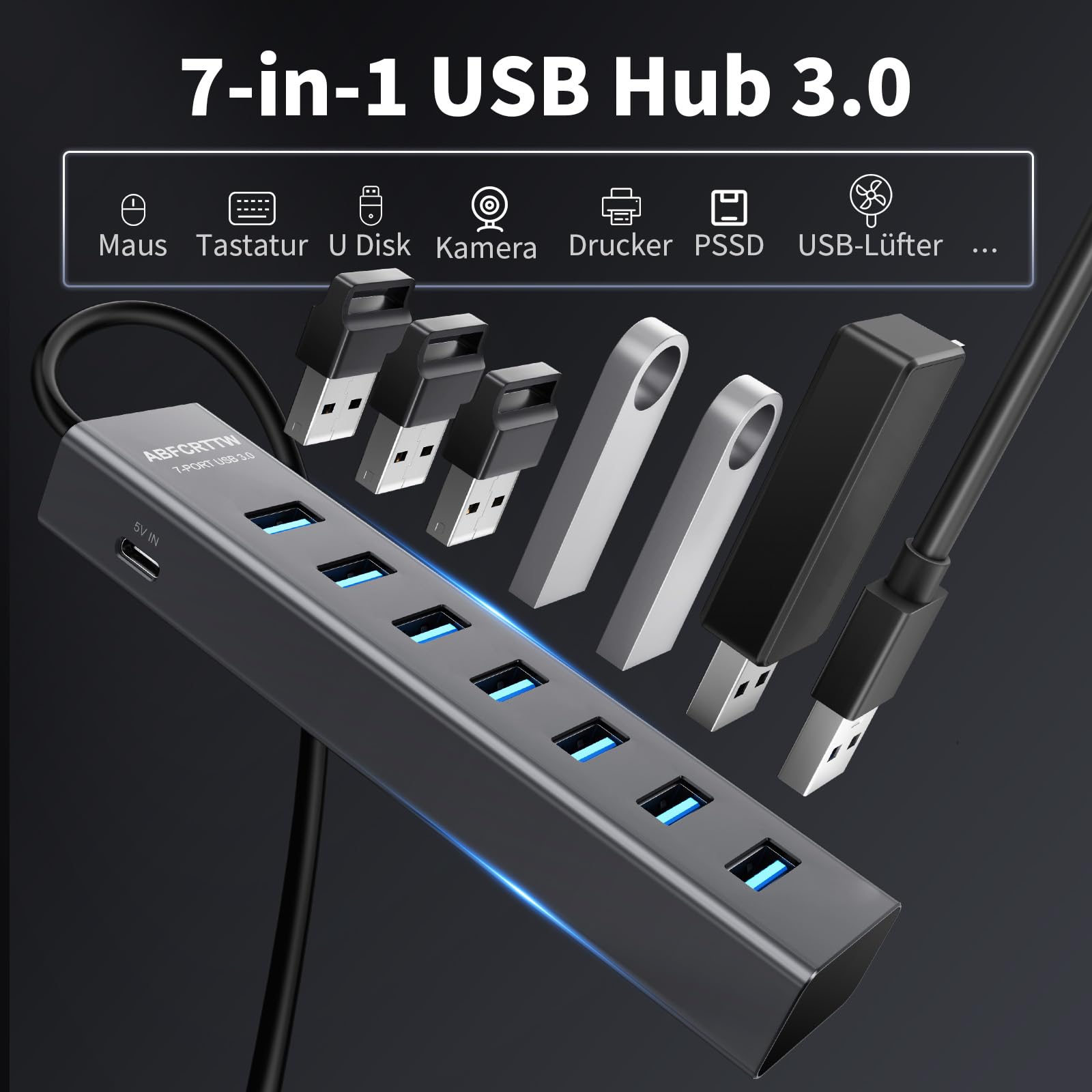 7-Port USB Hub 3.0 mit 120cm Kabel für Desktop, Aluminium USB Verteiler 5Gbps Multiport Adapter Splitter mit 5V 3A Type-C Port für PC, Laptop, MacBook, U-Disk, Maus 4