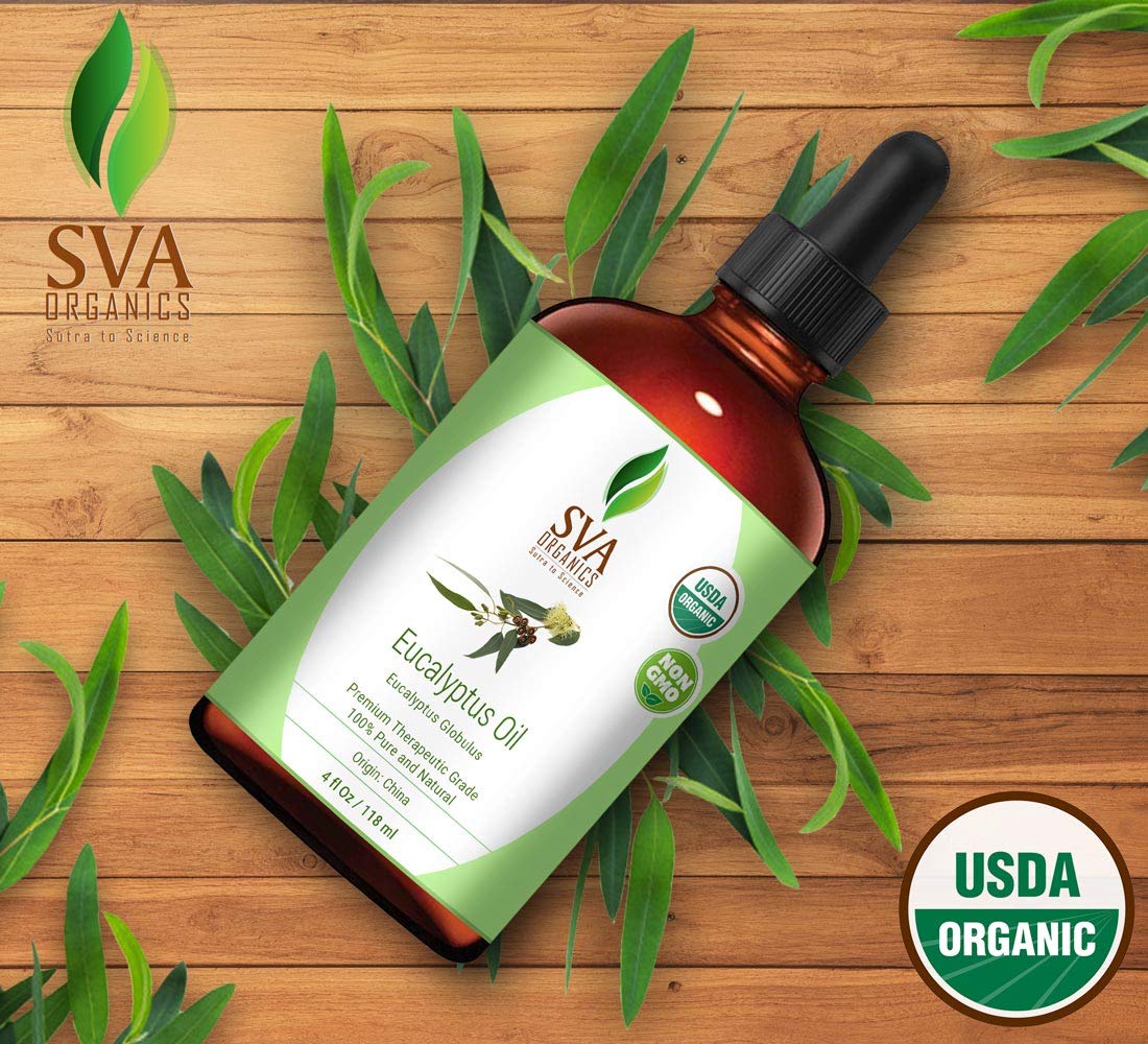 SVA Organics Eucalyptus Essential Oil Organic 4 Oz USDA with Dropper 100% Pure Natural Undiluted Premium Therapeutic Grade Oil for Diffuser, Aromatherapy, Face, Body & Hair Care: Beauty