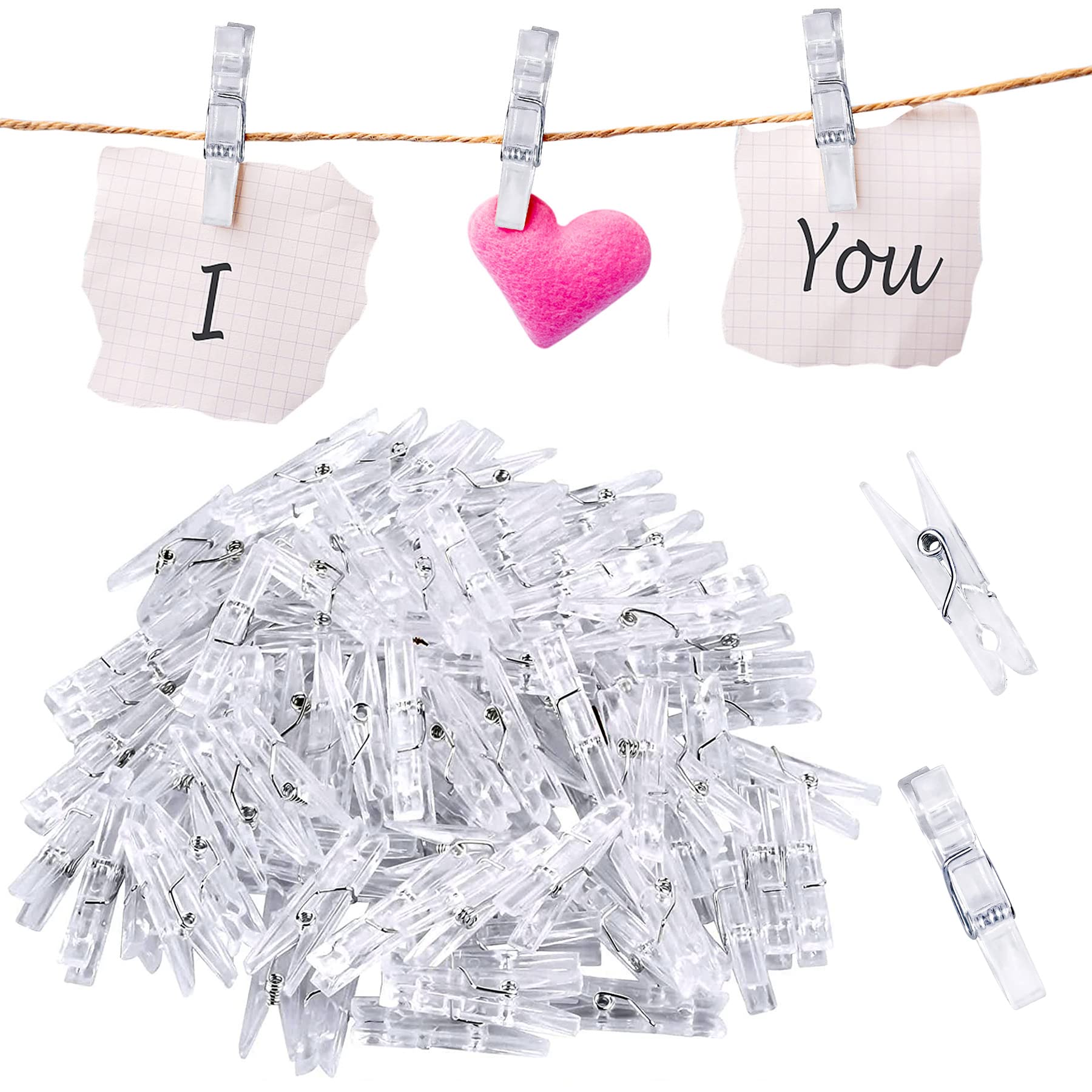 100 Pcs Mini Clear Pegs 34mm Tiny Little Photo Clips Transparent Plastic Spring Pegs for Hanging Photos Card Paper Arts Crafts Picture Scrapbooking Weddings Parties Decoration