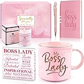 Pongime Boss Lady Gifts For Women, Thank You Appreciation Present for Her Leader, Mother Day Valentines Day Gifts for Mom Birthday Present Boss Coffee Mug Acrylic Sign Notebook Ballpoint Pen Candle