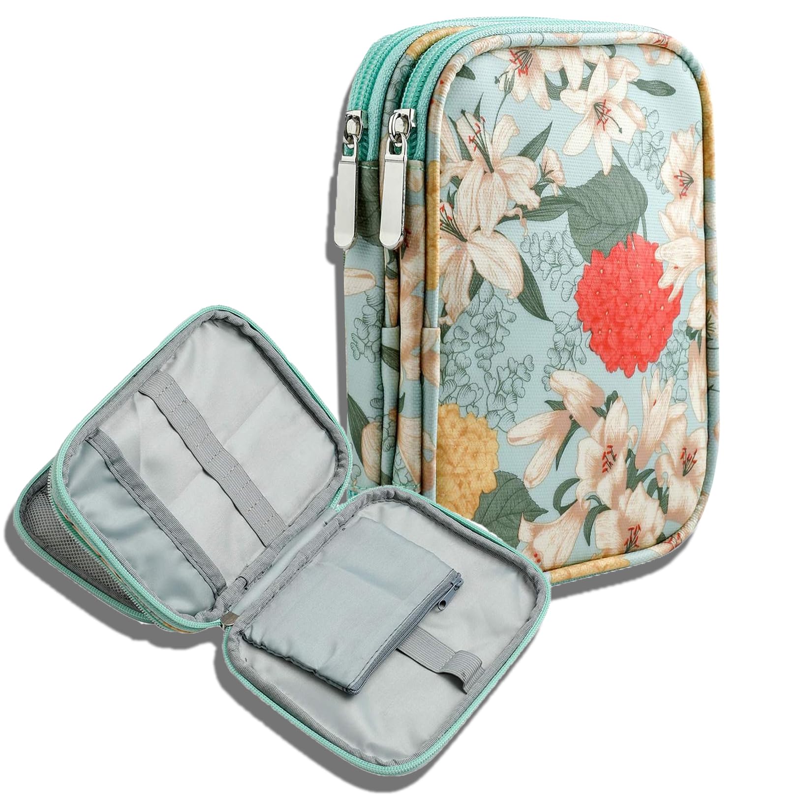 GRVICH Crochet Hooks Case, Crochet Bag, Knitting Needle Case, Crochet Hooks Organizer with Web Pockets for Various Crochet Needles, Knitting Accessories, Crochet Hook Kit Tools (Green Lily)