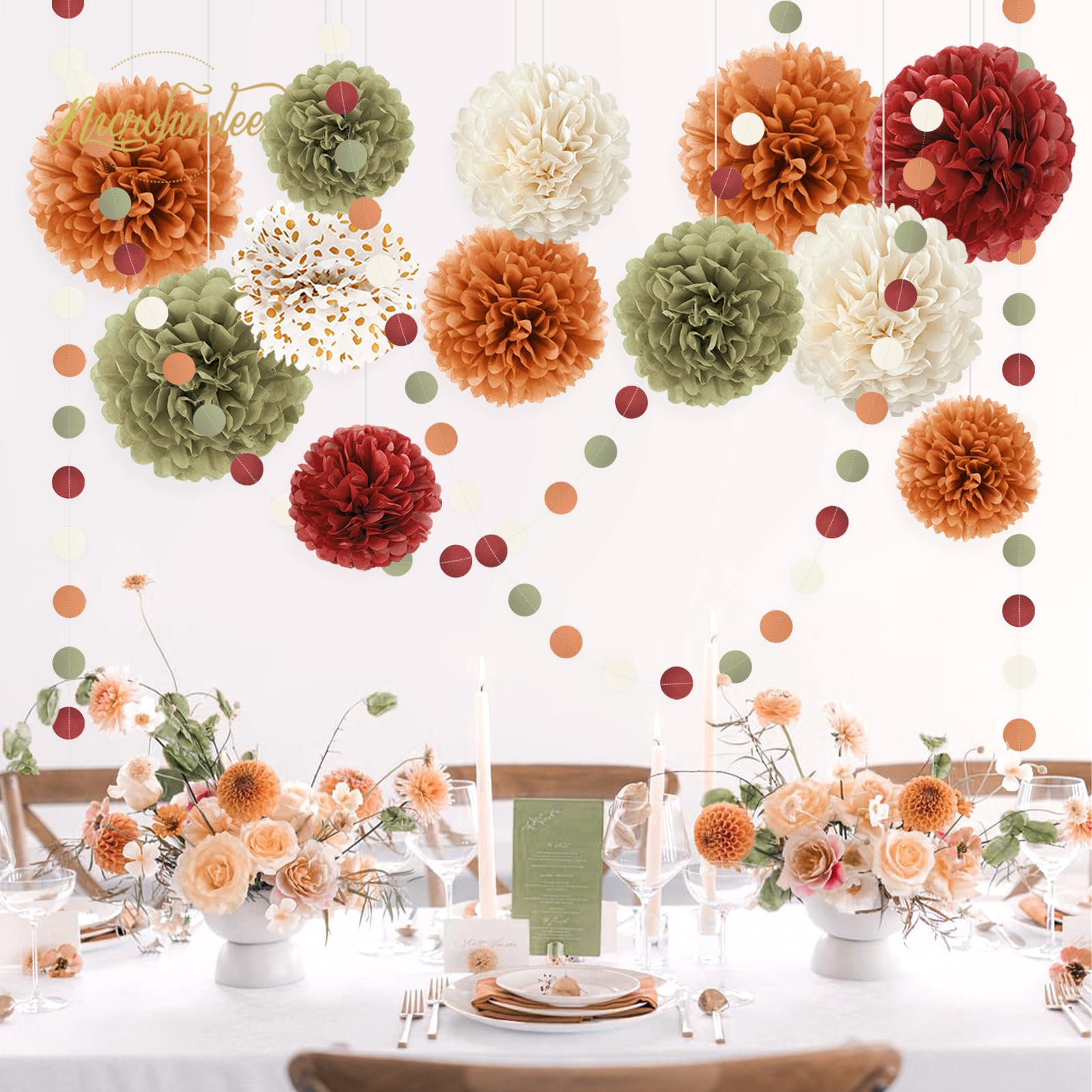 NICROLANDEE Fall Wedding Decorations - 15 PCS Pumpkin Orange Sage Green Ivory Tissue Pom Poms Decor, Dots Paper Garland for Thanksgiving, Baby Shower, Autumn Harvest Party Supplies