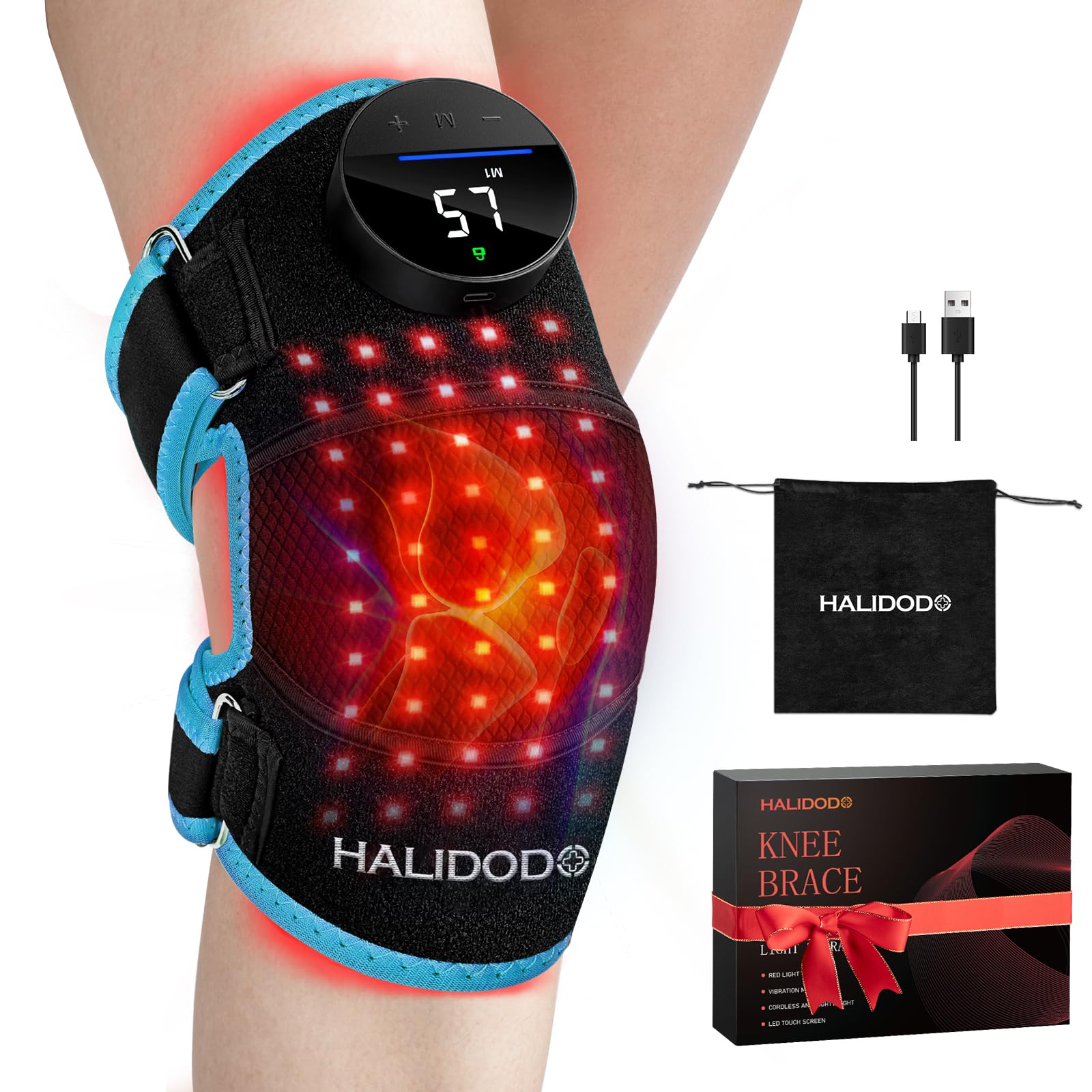 Photo 1 of HALIDODO Red Light Therapy & Vibration Massage Knee Brace - Rechargeable Controller, 660nm&850nm Red Light Therapy Heated Device for Knee/Joint/Elbow/Shoulder Pain Relief, Blue.
