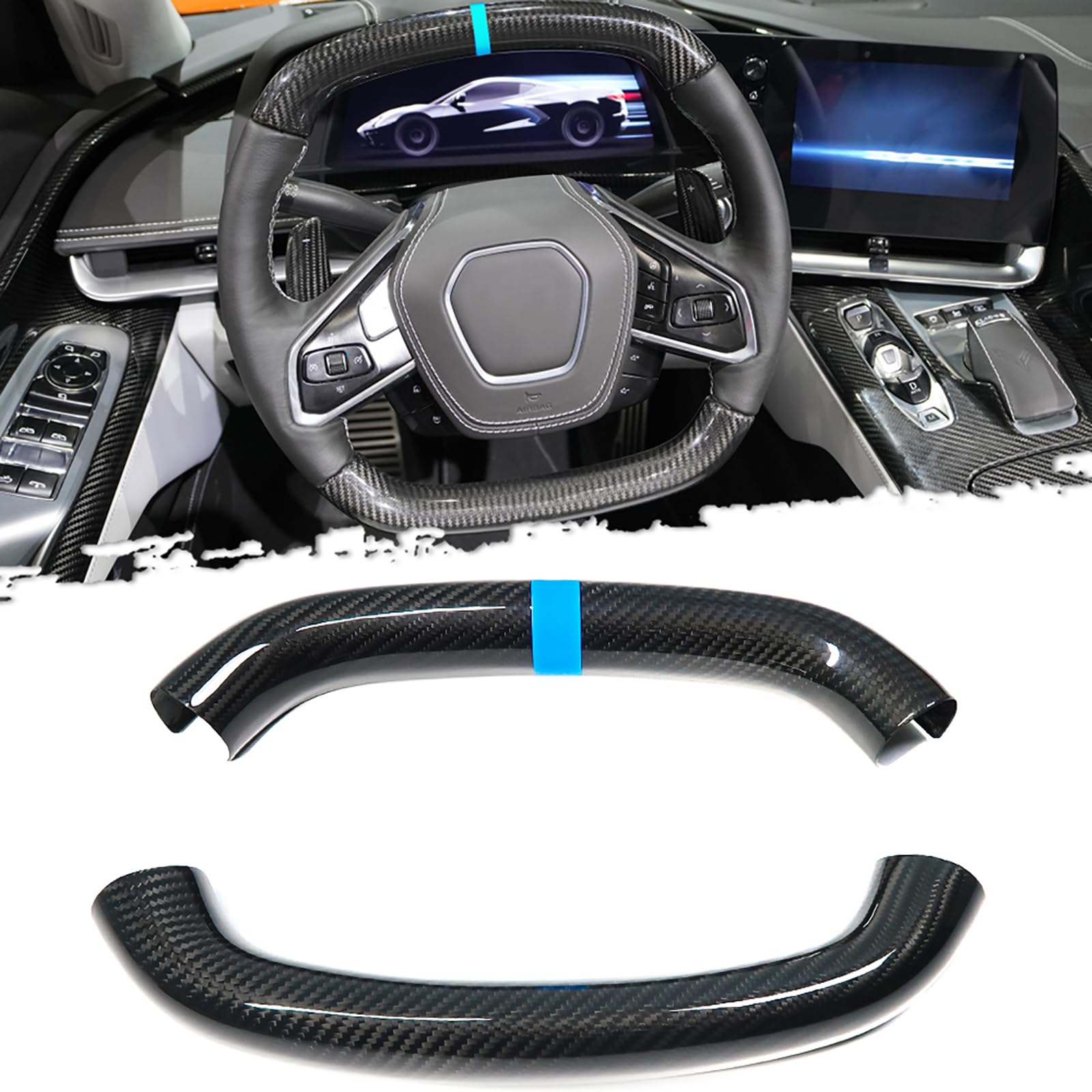 Photo 1 of Car Steering Wheel Circle Round Cover for C8 Corvette Z51 Z06 E-Ray Stingray 2020 2021 2022 2023 2024, Genuine Carbon Fiber Interior Trim (Blue)