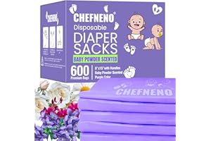 CHEFNENO Baby Diaper Bag Disposable (600 Count) Fresh Baby Powder Scented Easy Tie Handles Bulk Diaper Sacks Disposable Dog Poop Waste Bags Cat Litter Clump & Poop Bags Sanitary Pad Waste Bags (600 Bags)