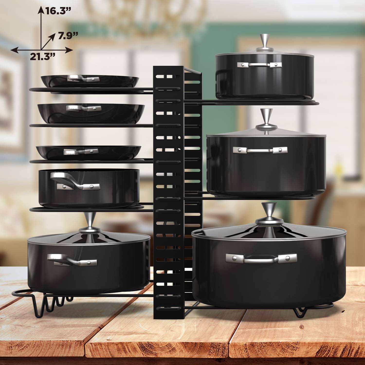 Vdomus Pot Rack Organizer with 3 DIY Methods, Black Metal Kitchen 8+ Pots Holder, Height and Position are Adjustable Cabinet Pantry Pot Lid Holder (Upgraded): Kitchen & Dining