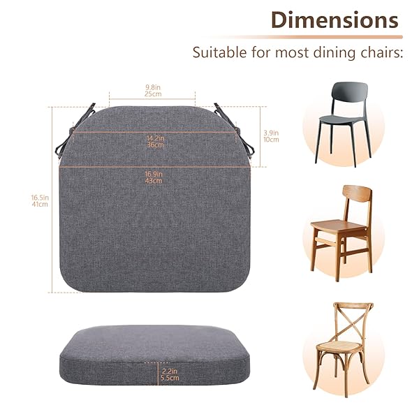 C-HOPETREE INDOOR OUTDOOR DINING CHAIR CUSHIONS WITH TIES, SEAT PADS FOR KITCHEN WITH WASHABLE COVER AND NON-SLIP BOTTOM, HIGH-RESILIENT FOAM, WATERPROOF, 17″ X 16″ X 2″, DARK GREY, SET OF 8