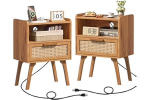 Lerliuo Rattan Nightstands Set of 2 with Charging Station, Boho Side Table with Drawer Open Shelf, Cane Accent Bedside End Ta