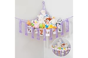 JIUXQT Stuffed Animal Net or Hammock with LED Light Macrame Stuffed Animal Storage Plush Animal Corner Storage Boho Toy Teddy Bear Organizer for Nursery Wall Kids Bedroom Playroom Purple 1 Piece