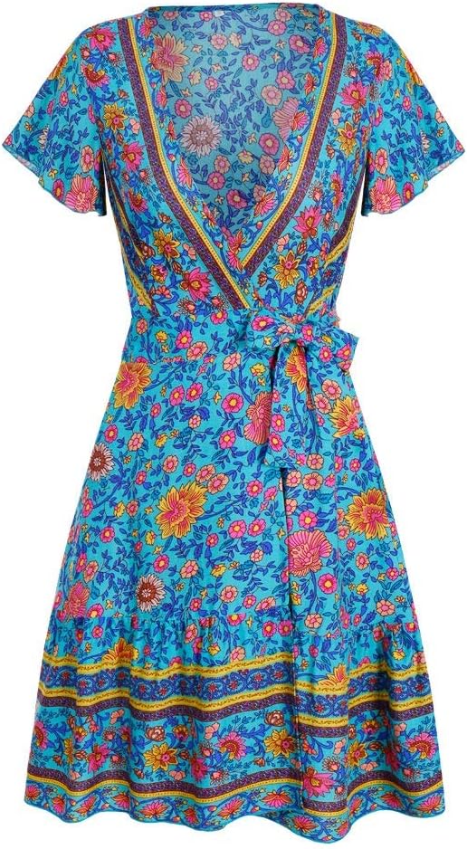 Fooyou Women's Summer Dress V Neck Short Sleeve Mini Dress Swing Beach Dress with Belt(BL-L)