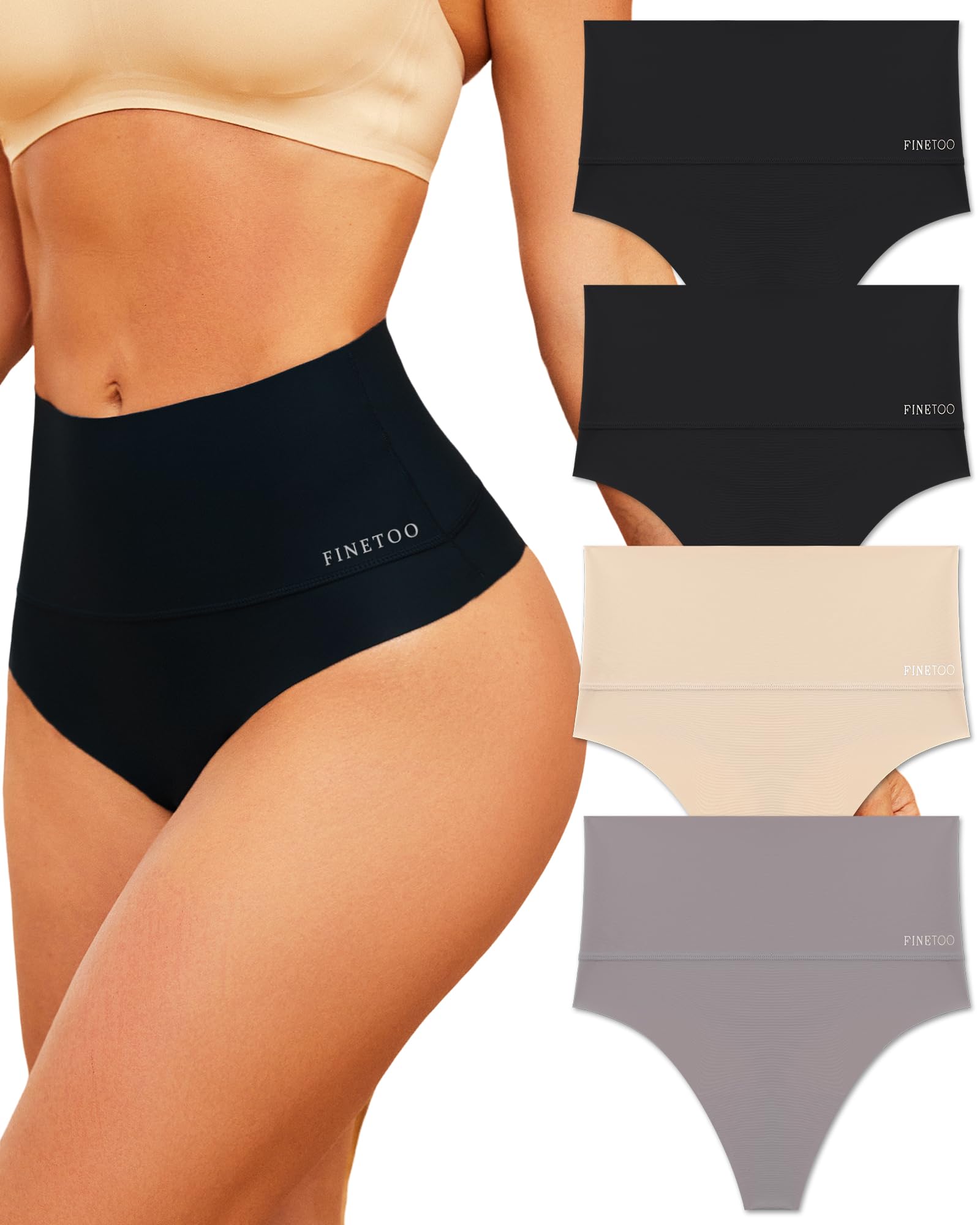 Photo 1 of FINETOO Women Underwear High Waisted Thongs Tummy Control Seamless Thongs Shapewear No Show Panties 4 Pack S-3XL