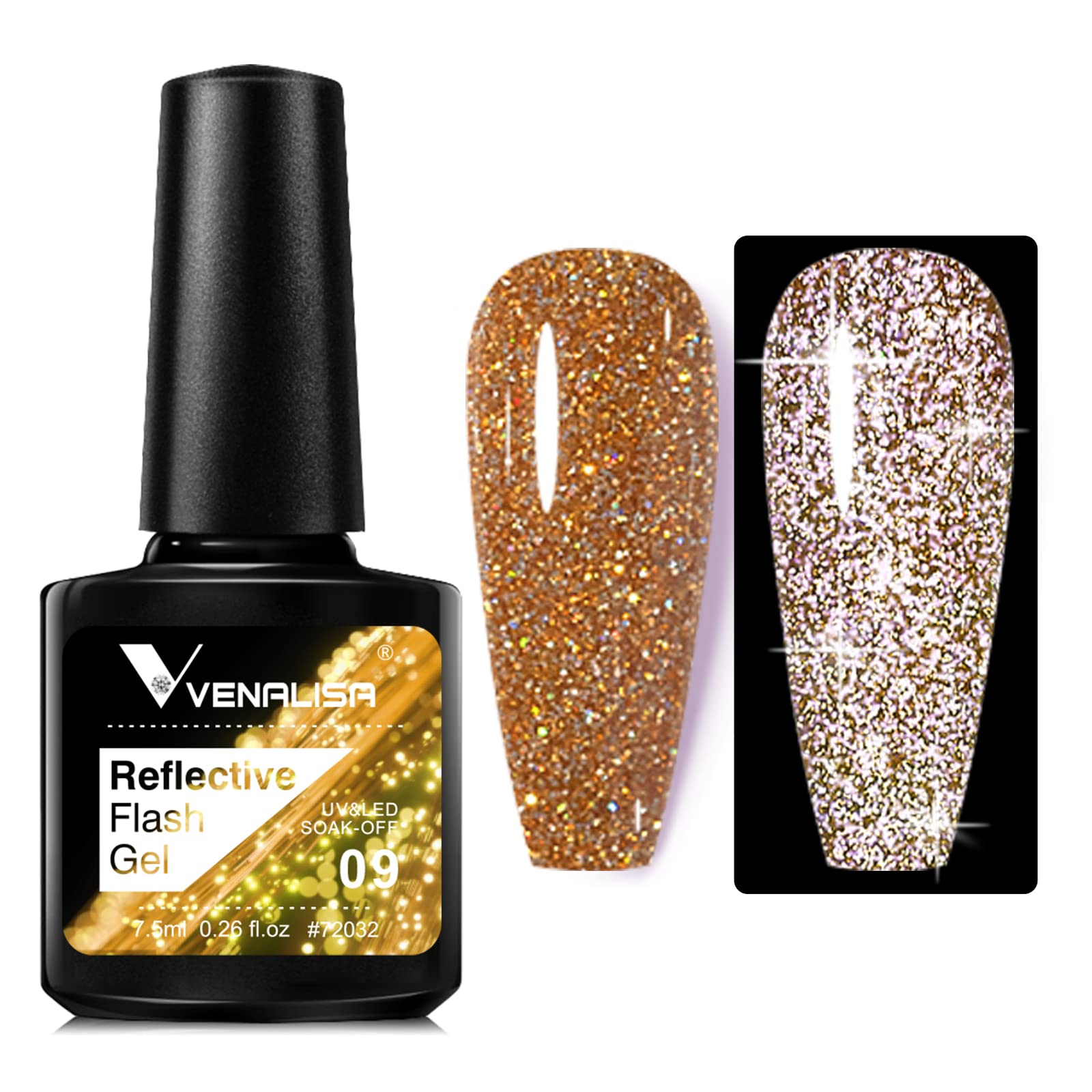 VENALISA Glitter Gold Reflective Glitter Gel Polish - Sparkling Shiny Disco Gel, Long Lasting Soak Off, Dries Under UV LED Lamp - Summer Nail Art Salon