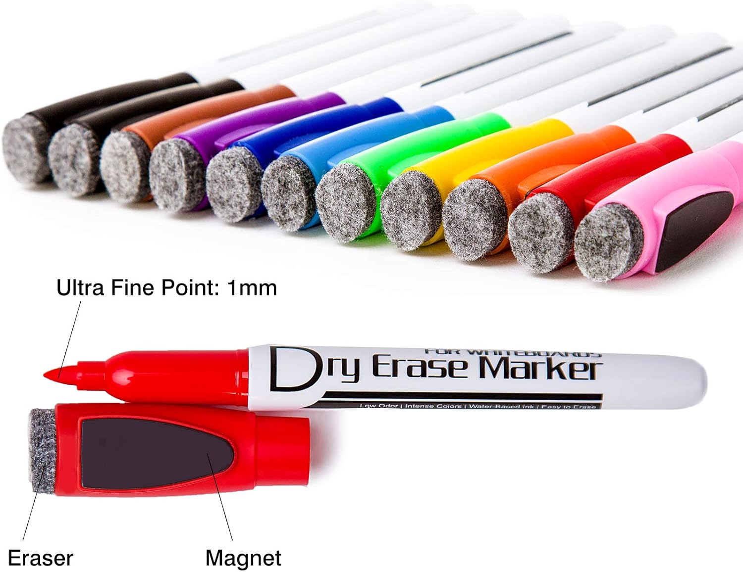 Volcanics Magnetic Dry Wipe Pens Dry Erase Markers Low Odor Fine Tip Whiteboard Pens Pack of 12,10 Colors - Image 3