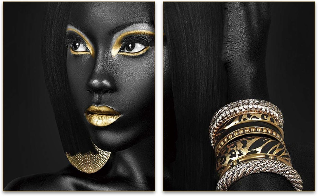 Abstract Golden Egyptian Fashion Pop Queen Black Woman Portrait Wall Art Painting Set of 2 (8”X10” Canvas Picture) Pretty Girl Room Poster Office Hallway Bedroom locker Room for Home Decor Gift