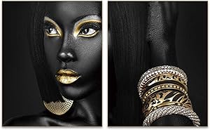 Abstract Golden Egyptian Fashion Pop Queen Black Woman Portrait Wall Art Painting Set of 2 (8”X10” Canvas Picture) Pretty Girl Room Poster Office Hallway Bedroom locker Room for Home Decor Gift