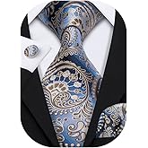 Barry.Wang Paisley Tie Fashion Set Hanky Cufflinks Neckties for Men Woven Silk