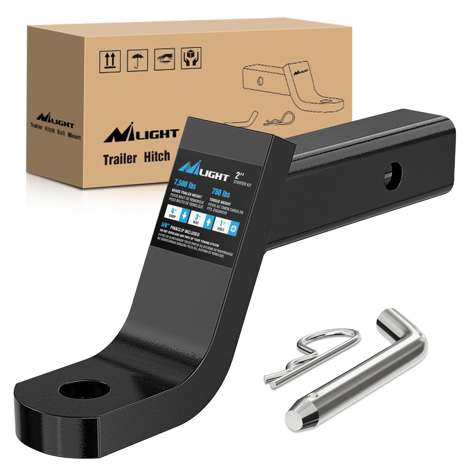 Photo 1 of Nilight Trailer Hitch Ball Mount with 5/8" Hitch Pin Clip Fits 2 Inch Receiver Square 7500 lbs 4" Drop, 3” Rise, 1” Hole, Gloss Black Powder Coast