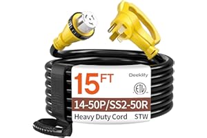 DEEKLIFY 15FT 50 Amp Generator Cord, NEMA 14-50P/SS2-50R Heavy-Duty 4 Conductors Cable, Pure Copper STW RV Extension Cord, Female Plug with Twist Lock, Suitable for RV or Camper, ETL Listed