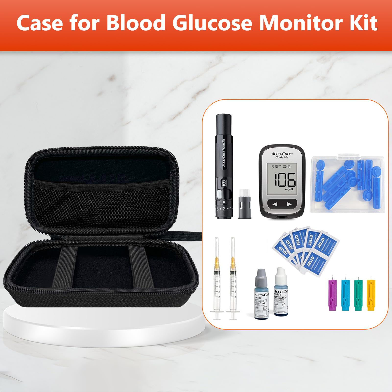 Diabetic Supplies Travel Case, Carrying Case Organizer For Diabetes Testing Kit, Blood Glucose Monitor Kit with Meter, Blood Sugar Test Strips, Lancets, Lancing Device, Alcohol Wipe (Case Only)