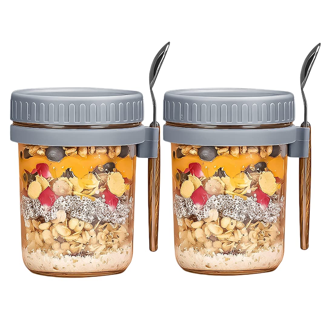 MEETOZ Overnight Oats Jars, Overnight Oats Container with Lid and Spoon, 10 oz Glass Mason Overnight Oats Jars with Measurement Marks, Large Capacity Airtight Jars for Milk, Cereal, Fruit (Grey2)