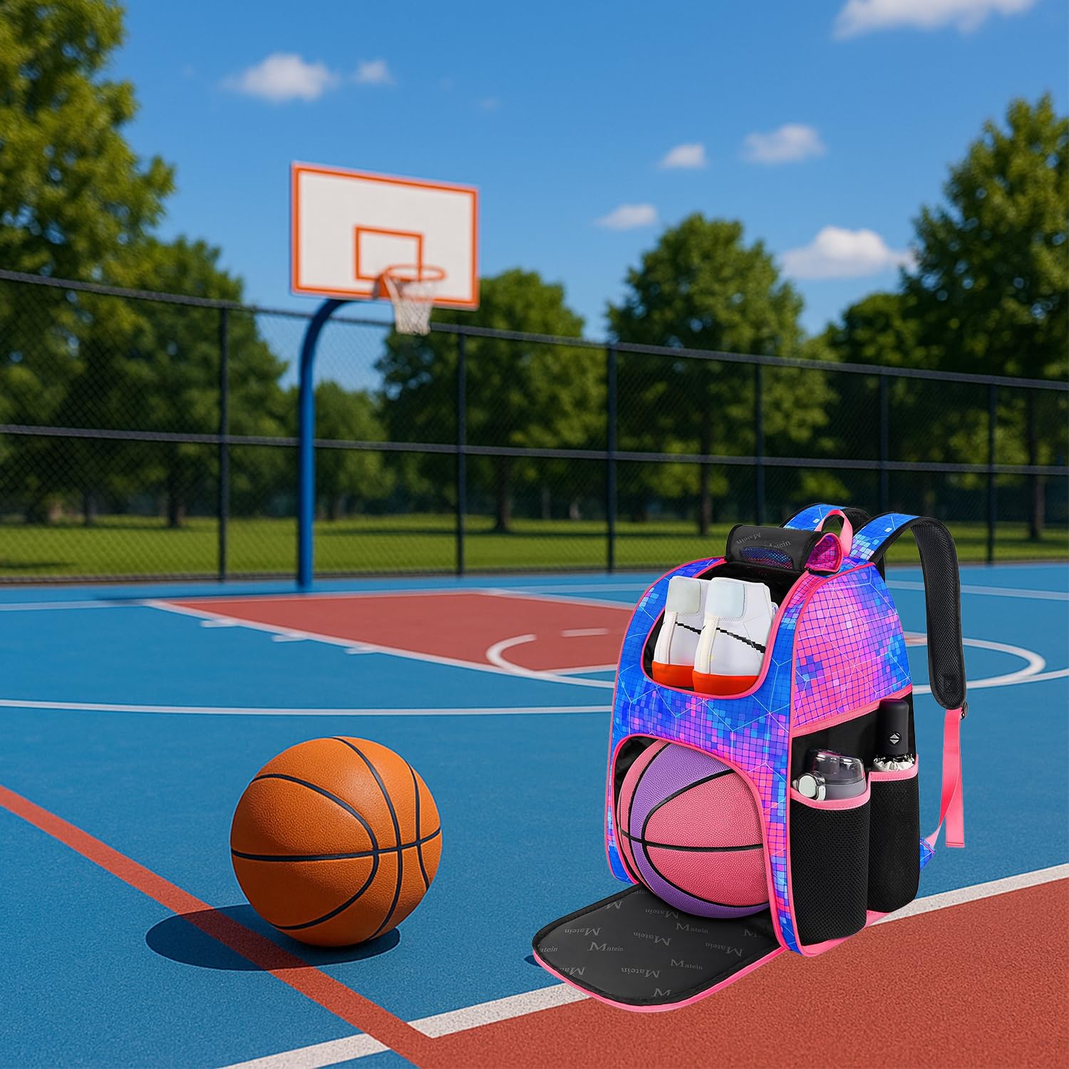 MATEIN Basketball Bag, Sturdy Soccer Bag with Ball Holder & Shoe Compartment, Large Basketball Backpack for Training Equipment, Water Resistant Sports Ball Backpack Fits Volleyball Football, Colorful