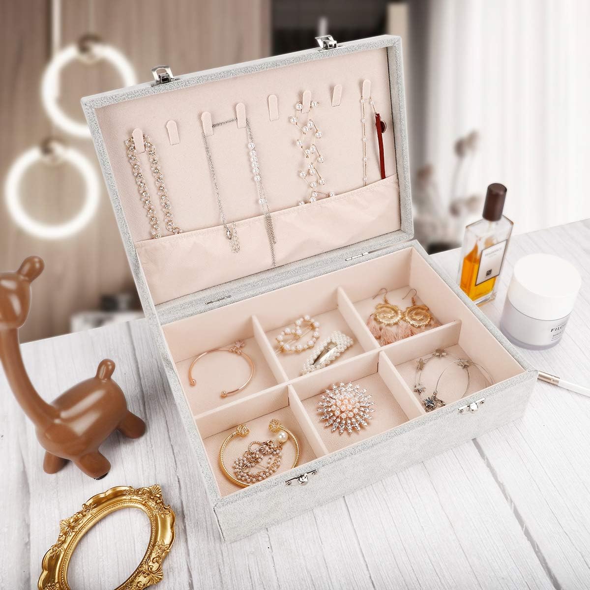 Mebbay Two Layer Velvet Jewelry Box Organizer Display Storage Case with Lock for Necklace Stud Earrings Bracelets Rings (Grey): Home Improvement
