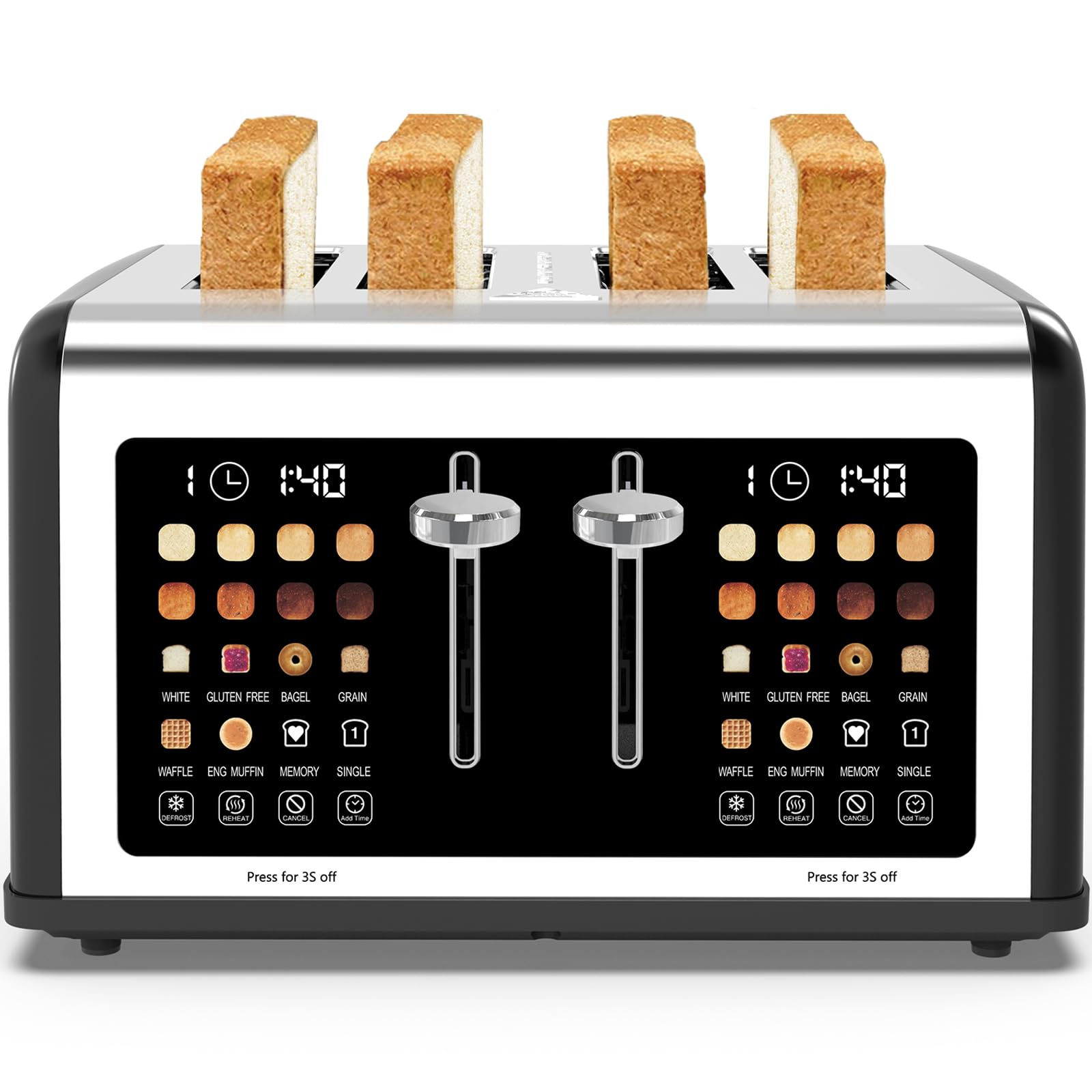 Tostadora de 4 rebanadas con pantalla táctil, tostadoras de acero inoxidable, temporizador digital, tostadoras con panel de control dual, 8 configuraciones de sombra, 6 tipos de pan para bagel, cancelar, descongelar 1650W negro