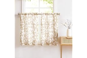 Leaf Kitchen Curtains 36“ Café Curtains Print Small Tiers for Windows 2 Panels White and Taupe