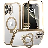 BERFY for iPhone 16 Pro Max Case, Compatible with MagSafe, Built-in 9H Tempered Glass Screen Protector and 360 Spin Magnetic Stand, Full Body Shockproof Clear Phone Case for 16 Pro Max 6.9", Gold