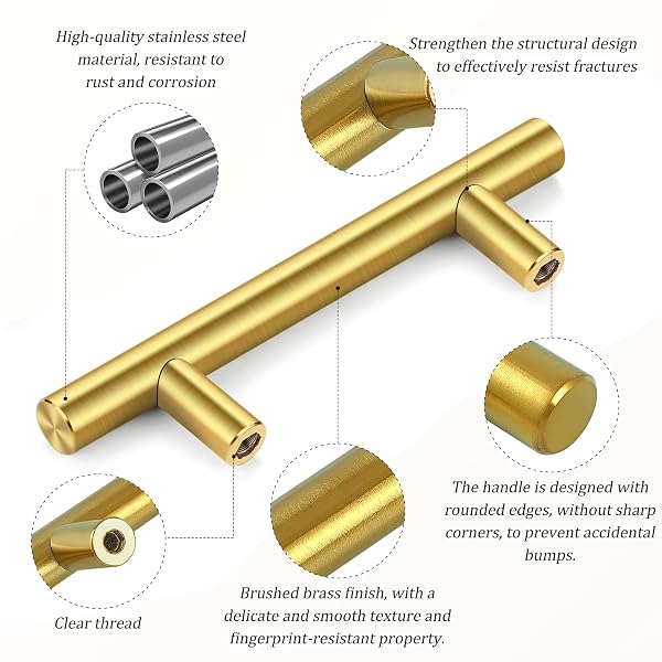 30 PACK 5 INCH BRUSHED BRASS CABINET PULLS FOR KITCHEN DRAWER, STAINLESS HARDWARE STEEL DRAWER FOR WARDROBE BATHROOM CUPBOARD FURNITURE PULLS, GOLDEN CABINET HANDLES 5”LENGTH, 3”HOLE CENTER