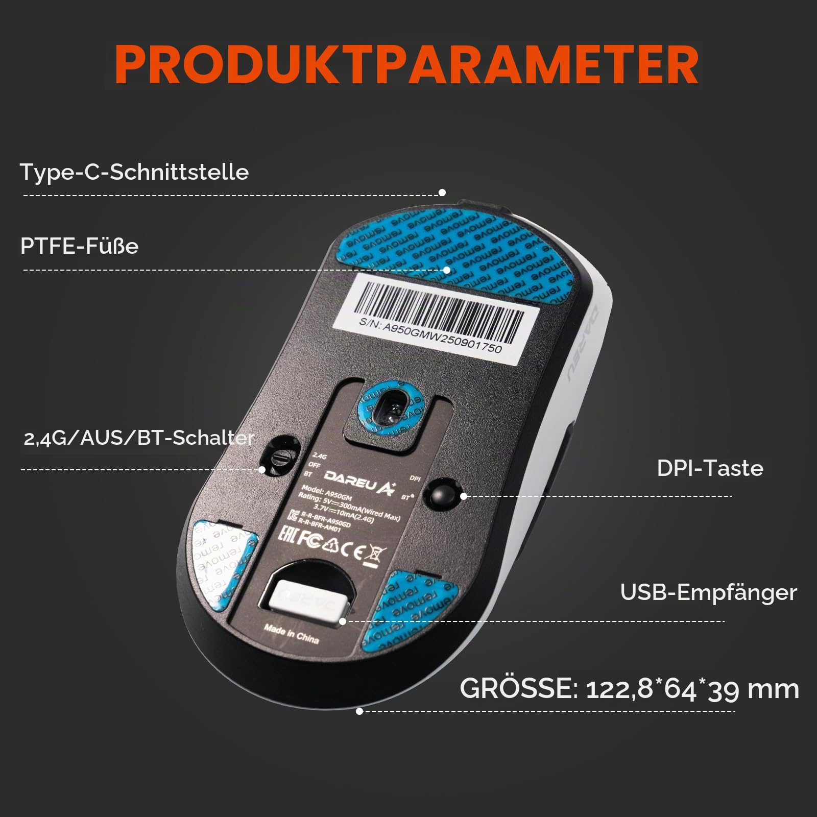 DAREU A950GM 60g Ultralight Gaming-Maus, mit PixArt PAW3395 Gaming Sensor, 100 Millionen Klicks, 26000 DPI, BT/2,4 GHz/Kabelgebunden, 500mAh-Akku, 30 Minuten Schnellladung, für PC/Mac, Weiß 9
