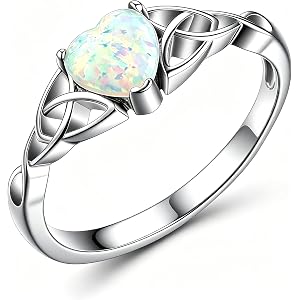 925 Sterling Silver Heart Ring for Women - Lab Created White Opal Celtic Knot Trinity Promise Ring, Romantic Vintage Annivers