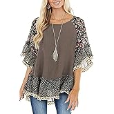 CASURESS Women's Floral Printed Ruffle 3 4 Sleeve Shirt Batwing Loose Tops Blouses Pullover